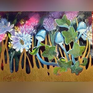 Original Painting Mushrooms art Gold accent Fantasy Whimsical Surreal nouveau